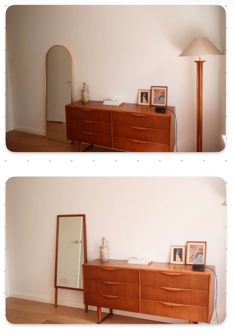 Mirror next to chest of drawers